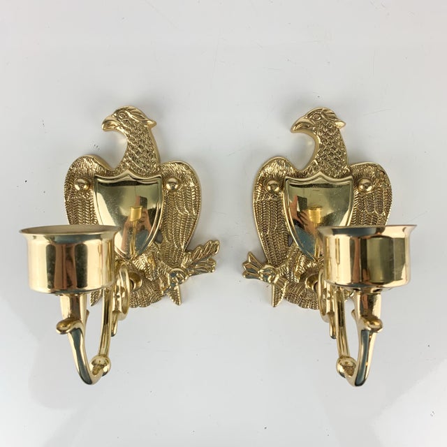 Pair Vintage American Eagle Shield Brass Taper Candle Holder Sconce Americana For Sale - Image 9 of 11