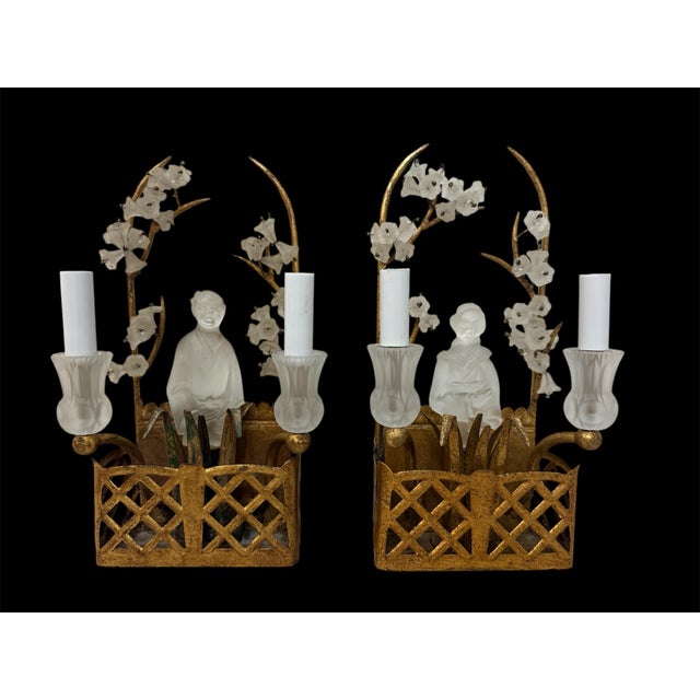 Crystal Chinoiserie basket sconces by Sherle Wagner. Florentine gold finish. Crystal male and female in each basket. Hand...