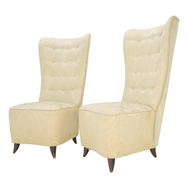 Pair Italian Mid-Century Modern Extra Tall Back Thick Spring Seats Lounge Chairs For Sale