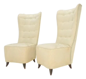 Pair Italian Mid-Century Modern Extra Tall Back Thick Spring Seats Lounge Chairs