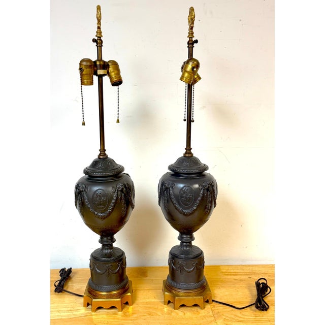 Mid 20th Century Warren Kessler Wedgwood Style Black Basalt Neoclassical Urn Lamps - a Pair For Sale - Image 13 of 16