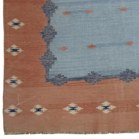 Traditional Vintage Dhurrie Square Rug in Blue and Rust With Geometric Pattern| Rug & Kilim For Sale - Image 3 of 5