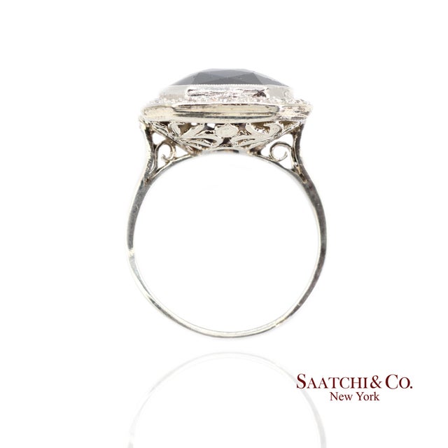 Early 20th Century Vintage 18k White Gold Synthetic Sapphire and Natural Diamond Milgrain Ring, Size 8 For Sale - Image 5 of 8