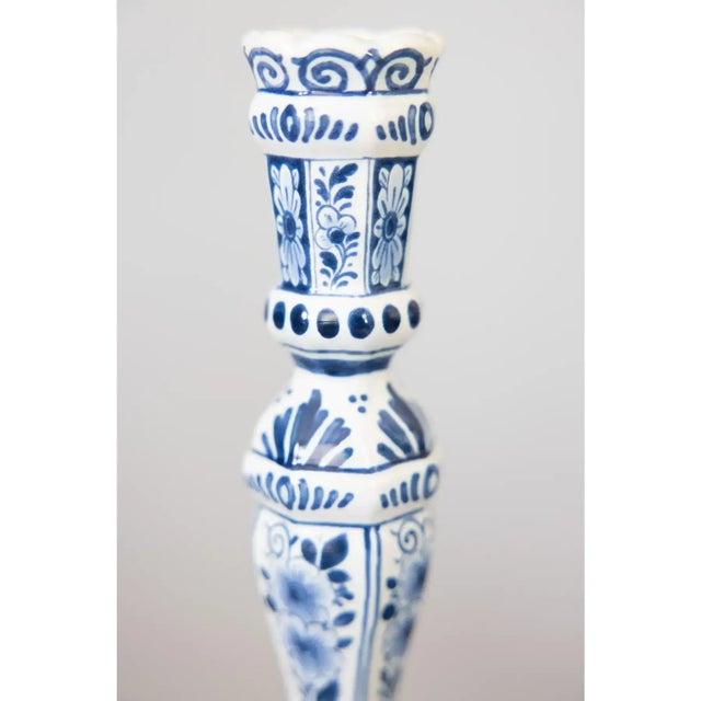 Blue Vintage Dutch Delft Floral Candlesticks - A Pair For Sale - Image 8 of 9
