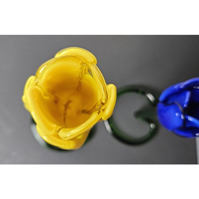 Mid-Century Modern Vintage MCM Murano Style HandBlown Yellow &Colbalt Blue Tulips Figurine-Set of 2 For Sale - Image 3 of 6