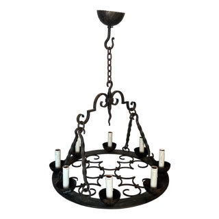 1940s Gothic Style 8 Light Round Wrought Iron Chandelier For Sale