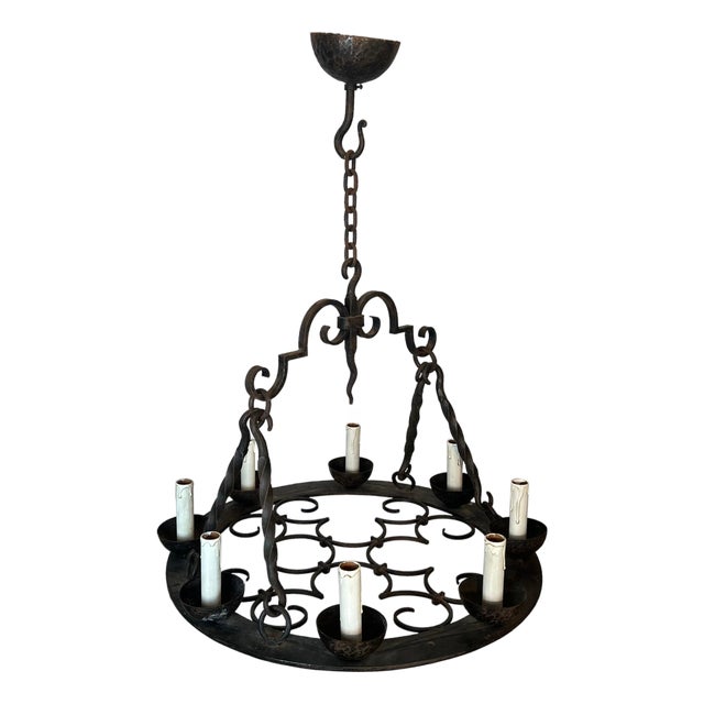 1940s Gothic Style 8 Light Round Wrought Iron Chandelier For Sale