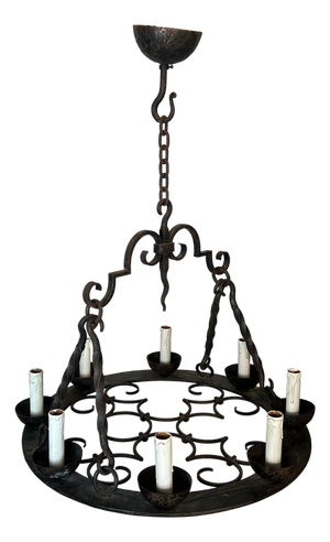 1940s Gothic Style 8 Light Round Wrought Iron Chandelier