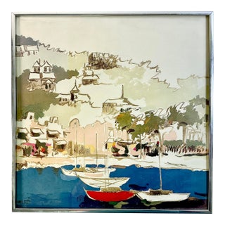 1975 Vintage Impressionist Coastal Seascape “Sailboat Harbor” Watercolor Signed Print by Noal Betts. For Sale