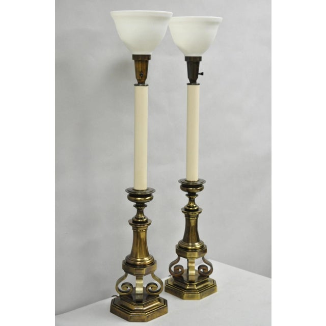 Vintage Hollywood Regency Burnished Brass Tall Candlestick Table Lamps - A Pair For Sale - Image 12 of 12