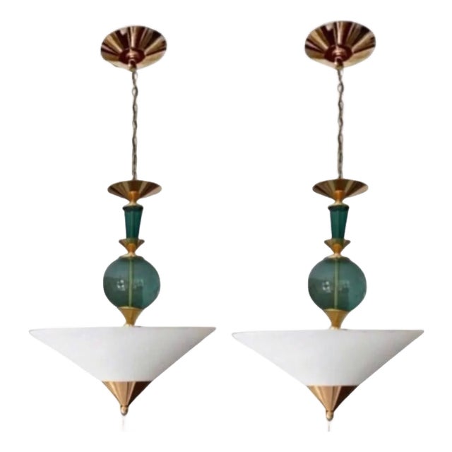 1980s Pair Vintage Hivo Van Teal Mid Century Lucite Brass Elegant Hanging Pendants For Sale