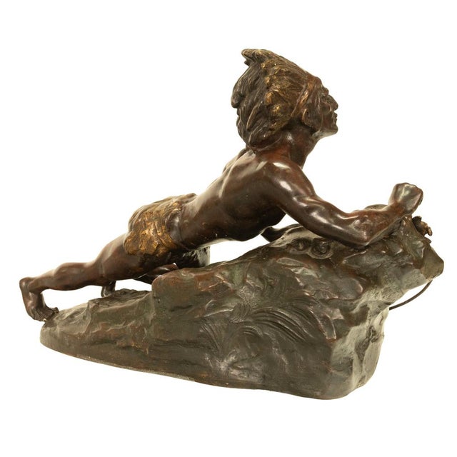 Antique French Art Deco Bronze Sculpture Native American Indian Hunter Scout by René-André Varnier, Circa 1920 For Sale - Image 9 of 18