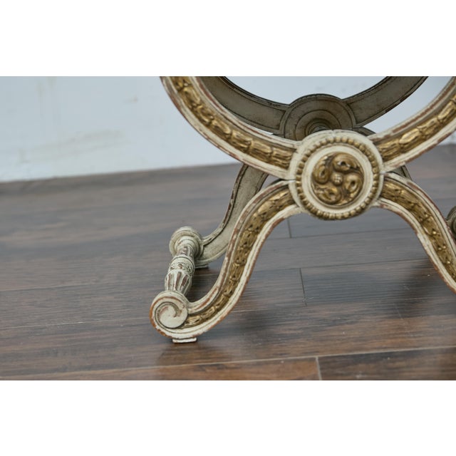 French Empire Style Curule Stool with Gilded Accents and Linen Upholstery For Sale In Atlanta - Image 6 of 12