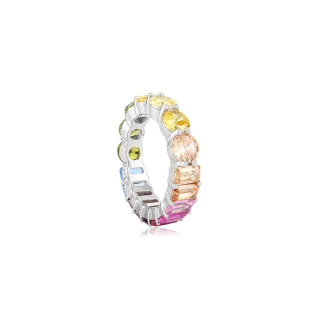 Modern Rainbow Gemstone Eternity Band in Sterling Silver - Multi-Color Gemstone Ring Size 6 For Sale - Image 3 of 13