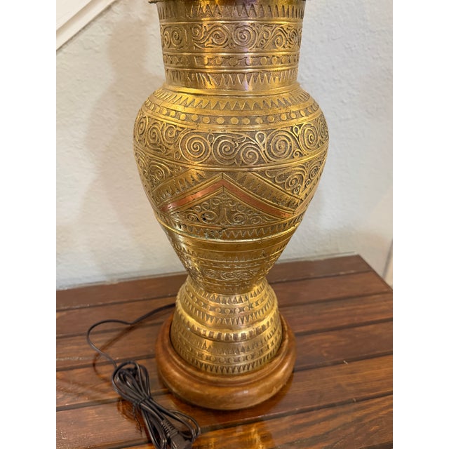 1930/1940s Boho Moroccan Tooled Brass Lamp with Copper and Wood Accents -Crafted From Lustrous Brass, -Base is Adorned...