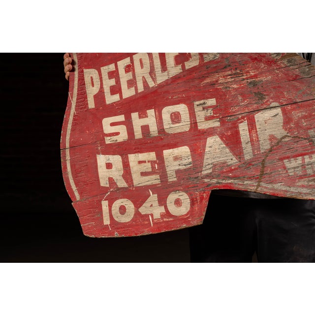 Antique "Peerless Shoe Repair" Double-Sided Painted Wooden Sign For Sale In Chicago - Image 6 of 10