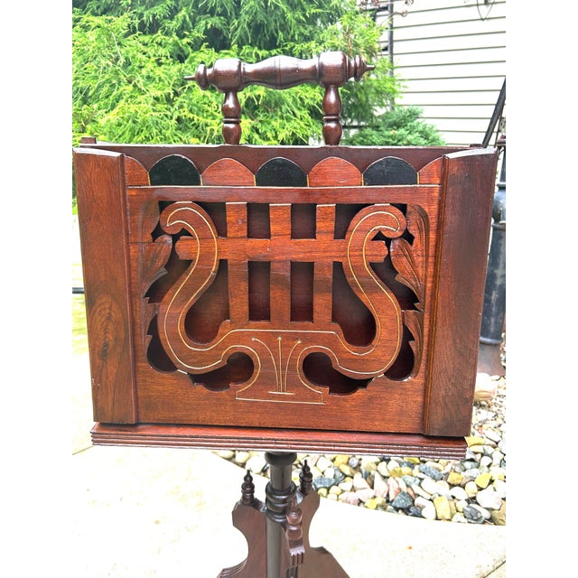 Victorian Antique Mahogany, Double-Sided, Rotating Magazine/Book/Sheet Music Carrier, With Intricately Carved Fretwork Panels, Turned Handle and a Tripod Column For Sale - Image 3 of 12