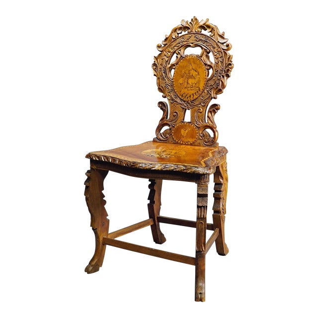 Rare Nutwood Edelweis Marquetry Chair Swiss Brienz 1900 For Sale