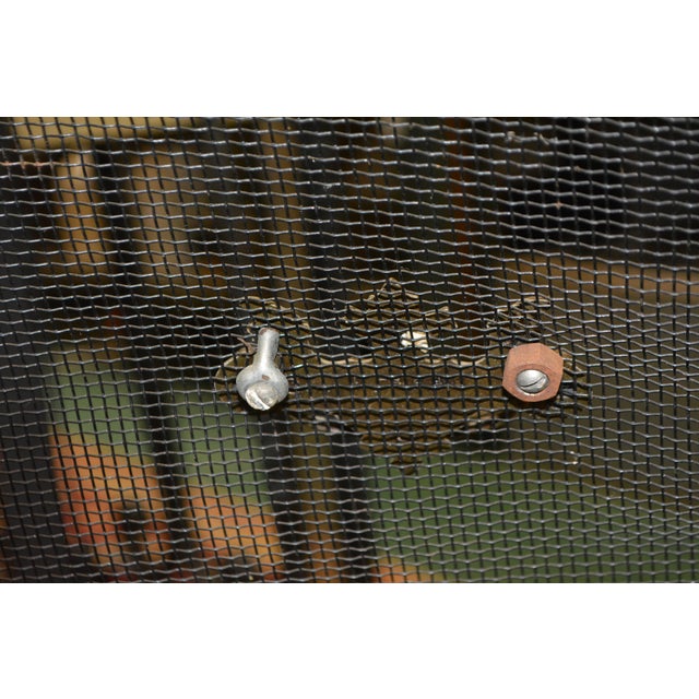 Vintage Black Metal Mesh & Iron Curved Front Fireplace Screen W/Brass Handles For Sale - Image 11 of 17