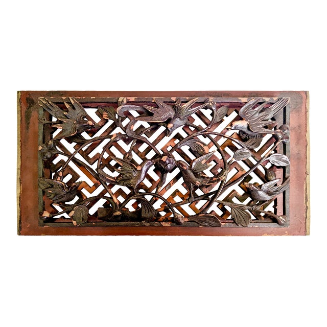 19th Century Wooden Panel of Seven Birds on a Lattice Background For Sale