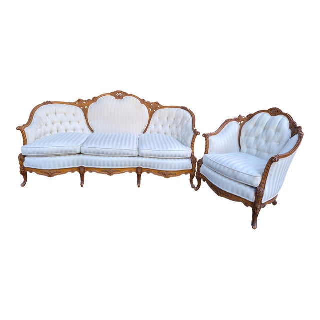 White Striped Satin Louis Xv Rococoo Revival Parlor Set For Sale