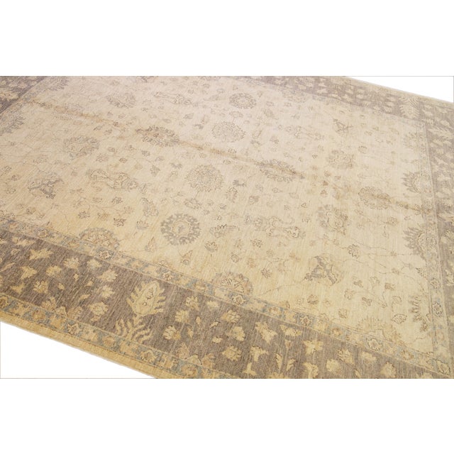 Textile Handcrafted Modern Paki Peshawar Beige Wool Rug With Palmettes Design For Sale - Image 7 of 12