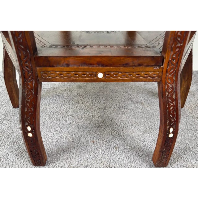 1950s Vintage Syrian Hexagonal Walnut and Bone Inlay Hand -Carved Center of End Table For Sale - Image 5 of 12