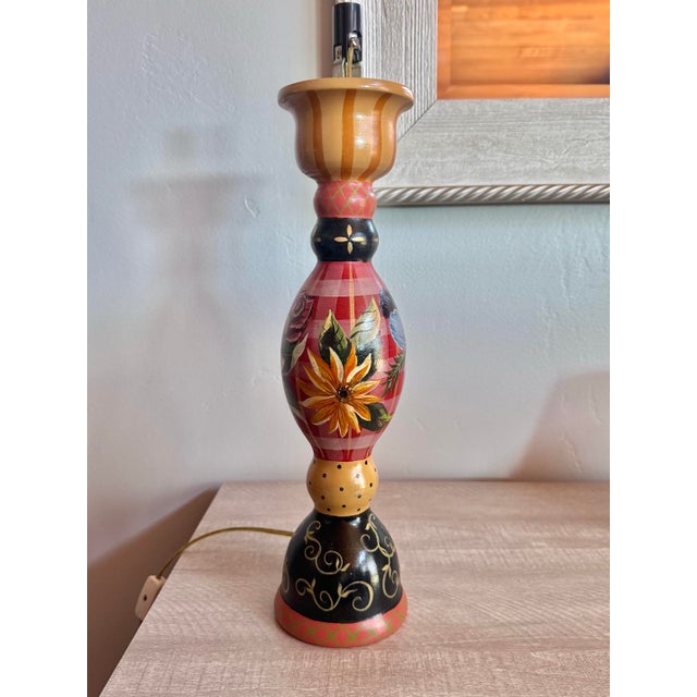 1990s Tracy Porter Stonehouse Farm Goods Hand Painted Wooden Table Lamp With Checked Crystal Lamp Shade For Sale - Image 5 of 11