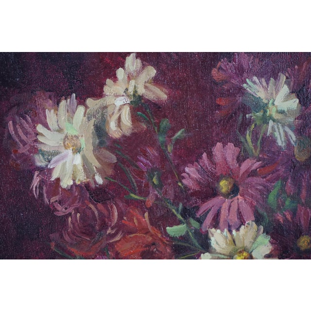 American Mid Century Still Life With Burgundy and White African Daisies & Statue by M Michael For Sale - Image 3 of 6
