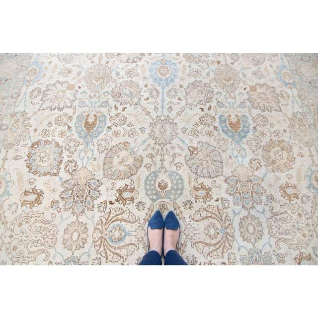 1940s Vintage Large Allover Botanical Beige Cream Blue Hand-Knotted Rug - 9’6” X 13’1” For Sale - Image 4 of 10