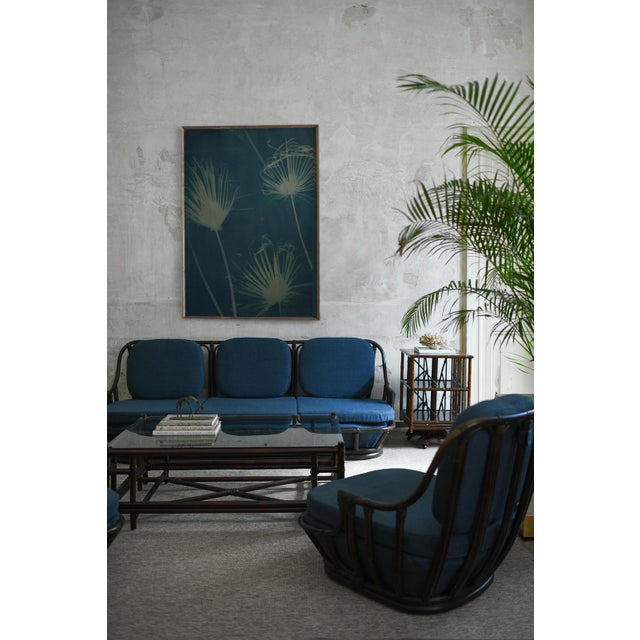 Living Room Set in Dark-Finish Manao Cane with Leather Bindings, 1980s, Set of 3 For Sale - Image 11 of 12