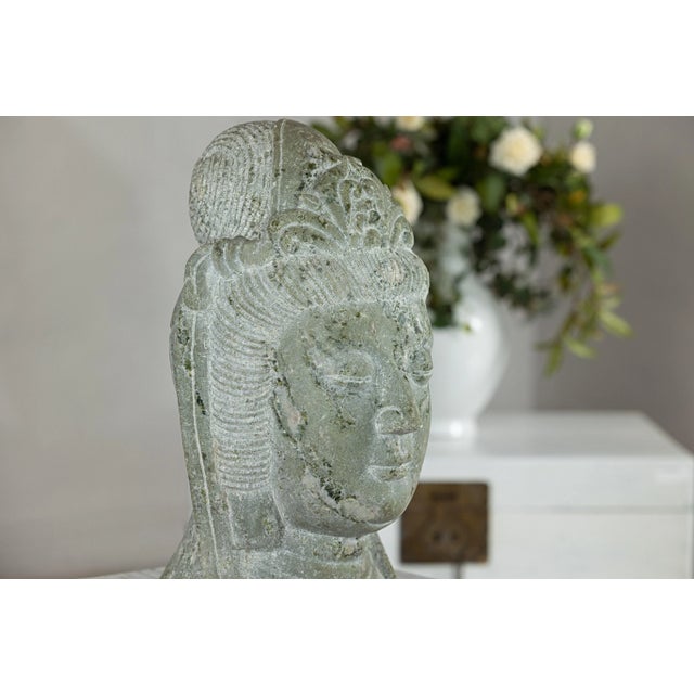Hand-Carved Vintage Chinese Stone Quán Yīn Head Sculpture with Natural Patina For Sale - Image 11 of 12