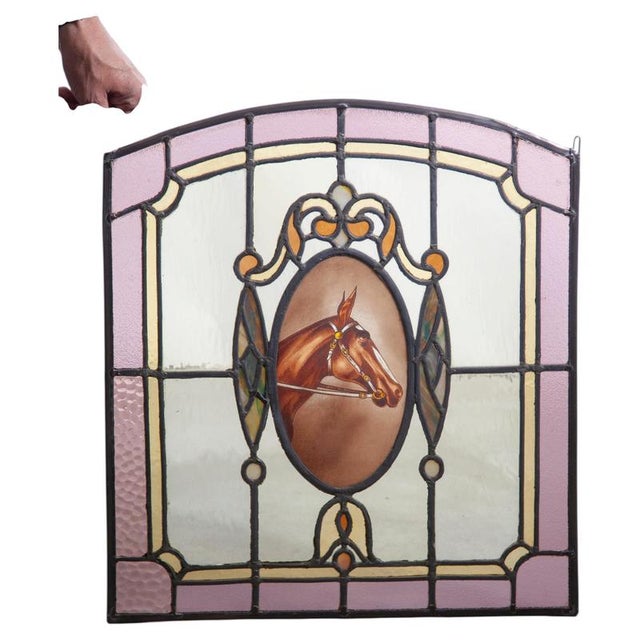 Blue Art Deco Stained Glass Window Panel with Hand-Painted Horse Medallion, 1920 For Sale - Image 8 of 8