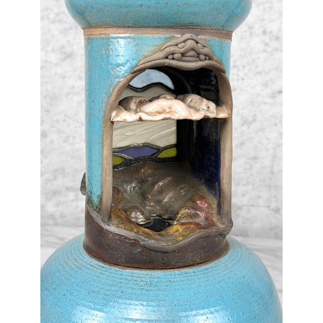 Turquoise Vintage Abstract Folk Signed Pottery & Stained Glass Window Shrine Sculpture For Sale - Image 8 of 13