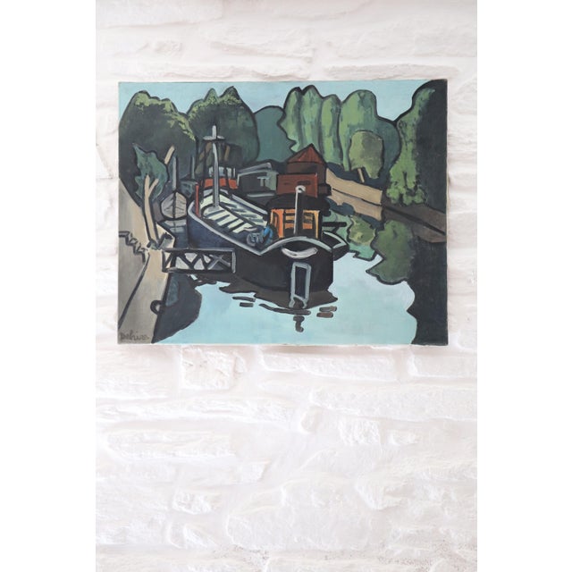 Modern G. Delaire, Barges on the Seine, 20th Century, Oil Painting on Canvas For Sale - Image 3 of 10