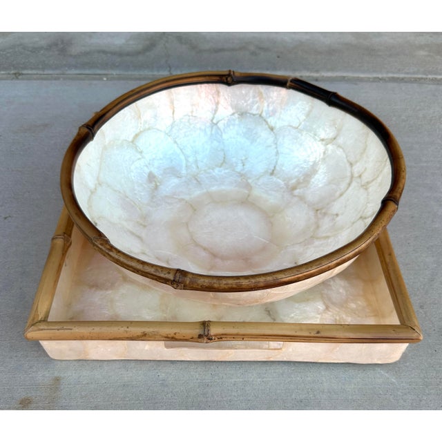 Wood Vintage Capiz Shell Serving Tray & Bowl Set For Sale - Image 7 of 10