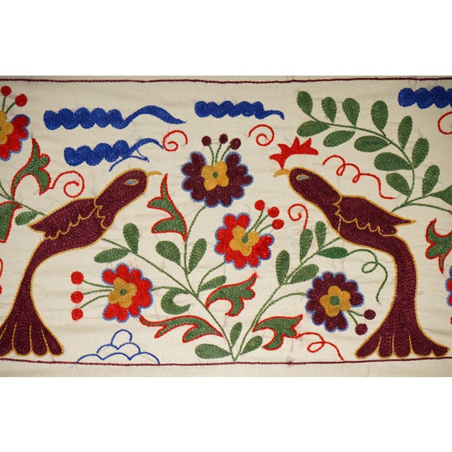 Unique Vintage Bird Embroidery | Red, Green & Blue Decorative Tapestry 1'4'' X 3'1'' For Sale - Image 4 of 9