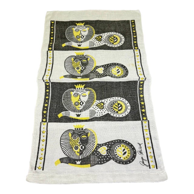 Mid-Century Era Georges Briard Lion Print Silkscreened Linen Tea Towel For Sale
