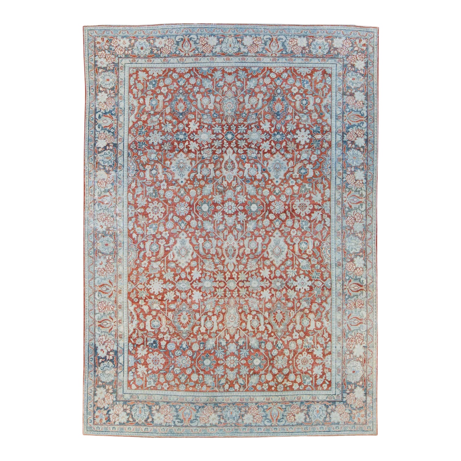 Antique Mahal Handmade Floral Motif Red Wool Rug | Chairish