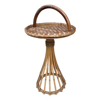 Mid-Century Palm Beach Bamboo & Woven Rattan Drinks Table With Carrying Handle For Sale