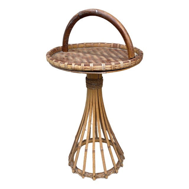 Mid-Century Palm Beach Bamboo & Woven Rattan Drinks Table With Carrying Handle For Sale