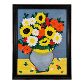 Colorful Floral Still Life Impasto Painting on Canvas — Signed “Kel” For Sale