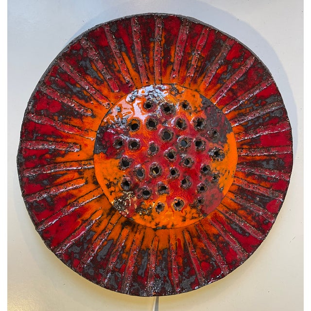 1970s Danish Sculptural Sunflower Acid-Glazed Stoneware Wall Sconce, 1970s For Sale - Image 5 of 11