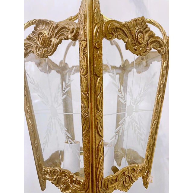 Metal Vintage Bronze Lantern With Etched Glass Panels For Sale - Image 7 of 8
