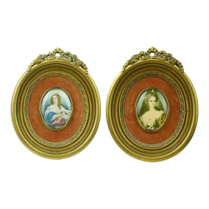 Mid Century Victorian Cameo Creation Gold Framed Portraits With Convex Glass- a Pair