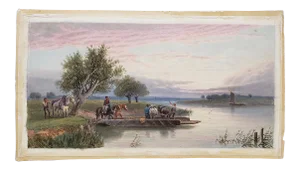 Late 19th to Early 20th Century "Horse Ferry" Watercolor Painting