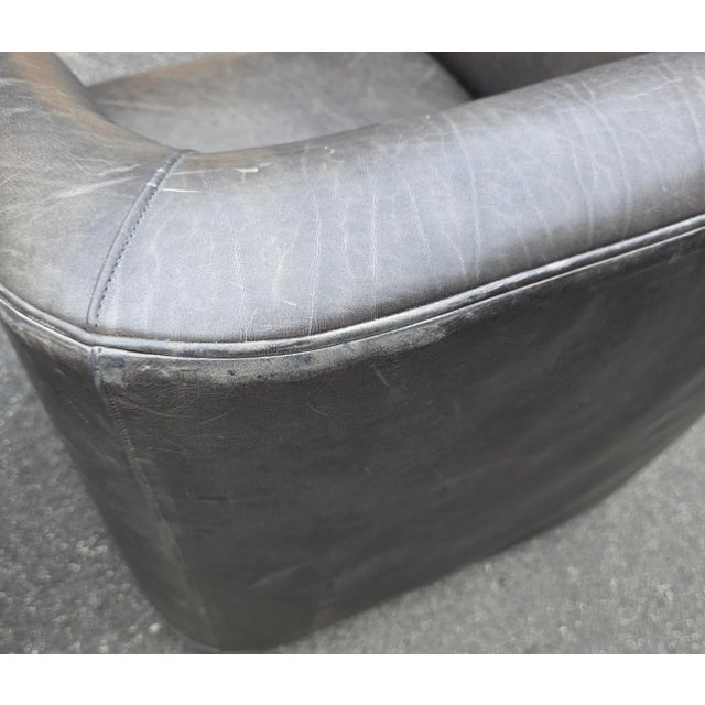 Pair of Restoration Hardware 1950s Italian Shelter Charcoal Gray Distressed Leather Swivel Club Chairs For Sale - Image 10 of 13