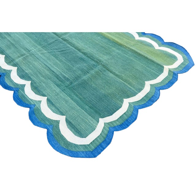 Handmade Cotton Area Scalloped Rug Forest Green, Cream and Royal Blue Border Dhurrie - 12'x15' For Sale - Image 6 of 11