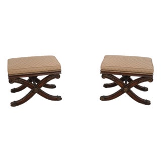 Pair of Ethan Allen X Frame Regency Style Ottomans For Sale