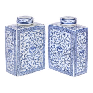 Pair of Blue and White Porcelain Tea Caddies For Sale